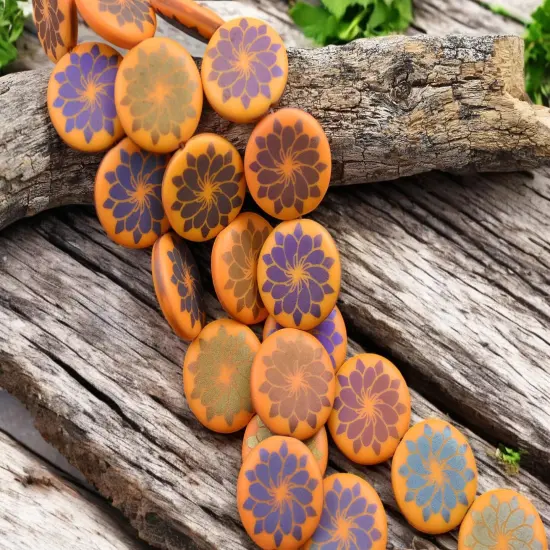 *8* 17mm Opaque Orange Sliperit Laser Etched Dahlia Coin Beads {2}