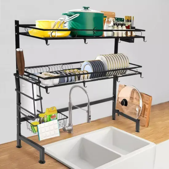 2-Tiers Dish Drying Rack Carbon Steel Drainer Kitchen Storage Cutlery Drainer {3}