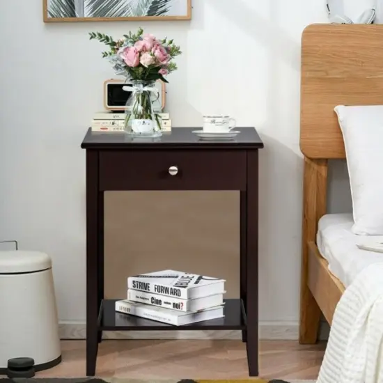 2-Tier Wooden Storage Display Nightstand End Table with 1 Drawer and Metal Handle Brown {6}