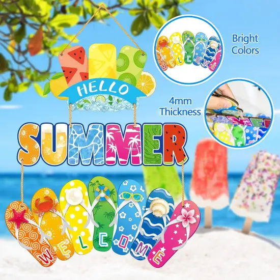 Hanging Sign - Hello Summer, Rustic Wood Wreath with Flip Flop Door Decor, Ice Lolly Slippers, Perfect for Beach, Outdoor, 13.7 x 7.0 inches {2}