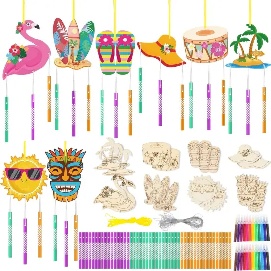 16 Pack Summer Wind Chime Kit Hawaii Craft Make Your Own Flamingos Tiki Surfboard Wind Chime DIY Wooden {1}