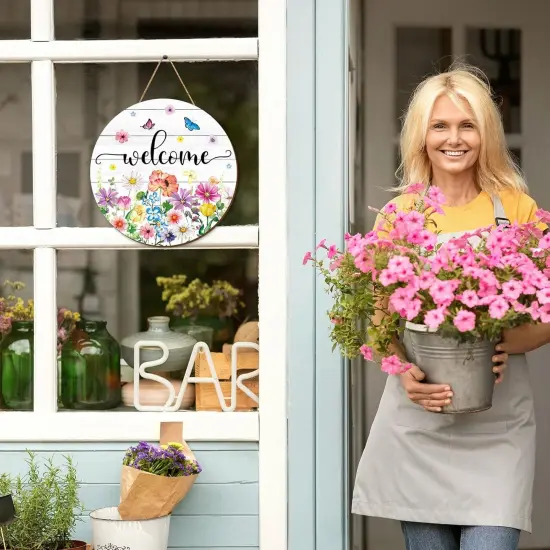 Spring Flower Welcome Door Sign Wildflower Wooden Hanging Sign Floral Butterfly Door Hanger Sign for Spring Indoor Outdoor Farmhouse Home Porch Window Decor {4}