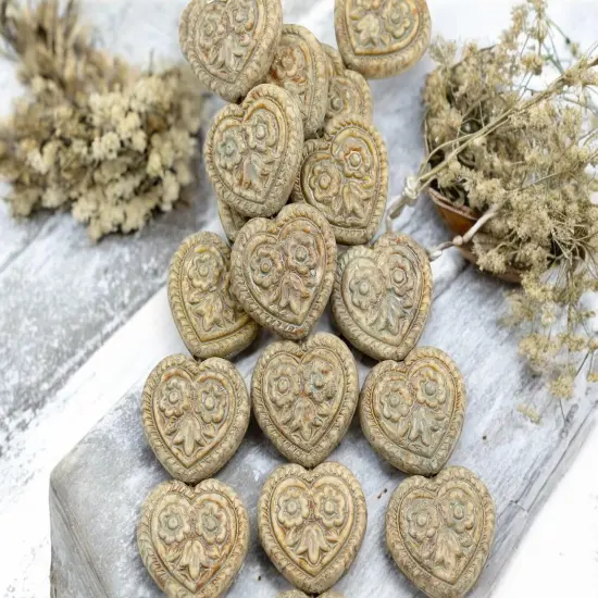 *6* 17mm Opaque Oyster Travertine Floral Heart Beads {2}