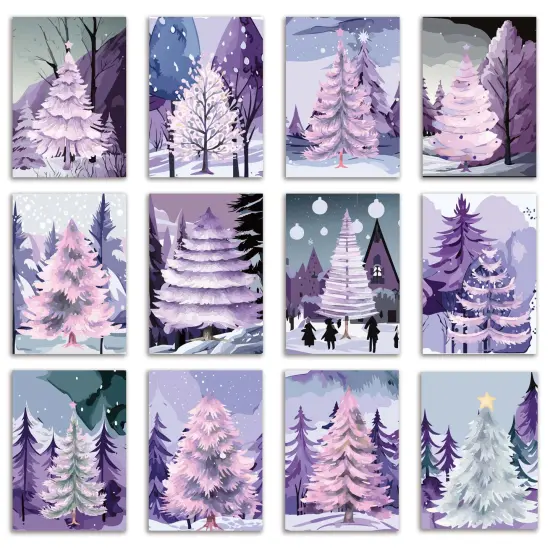 Purple Winter Christmas Greeting Cards Boxed Set &ndash; 24 Holiday Notecards Featuring 12 Enchanting Tree Designs, Perfect for Stylish and Serene Festive Wishes {1}