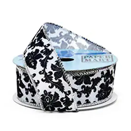 Black and White Damask Flocked Satin Wired Ribbon 1.5" x 10 yd 1 Roll {4}