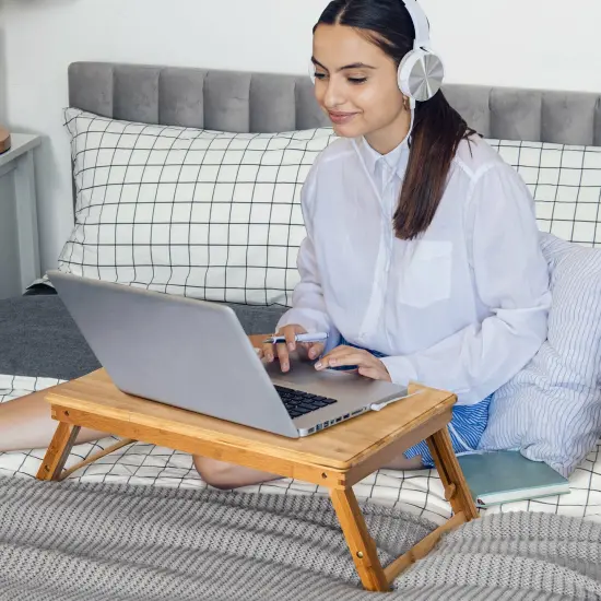 Wicker Laptop Lap Tray with Adjustable Legs and Tilting Heat-dissipation Top- Natural {6}