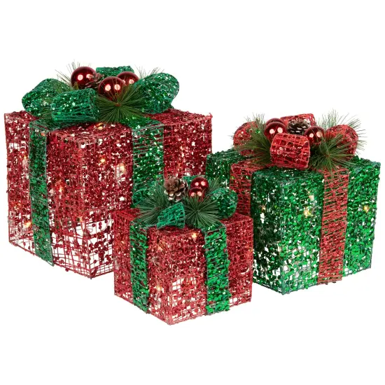 Northlight LED Lighted Glitter Threaded Gift Boxes Outdoor Christmas Decoration - Set of 3 Red {3}