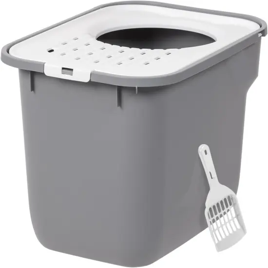 IRIS USA Square Top Entry Cat Litter Box with Scoop, Gray/White {5}