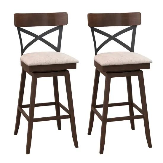 Set of 2 Wooden Swivel Bar Stools with Cushioned Seat and Open X Back {1}