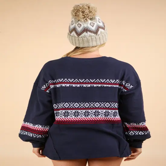 Plus Size Oversized Printed Knit Contrast Knit Top NAVY {6}