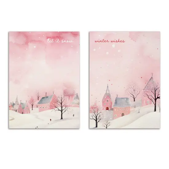 Soft Pink Christmas Greeting Cards Boxed Set of 24 Romantic Holiday Notecards Featuring Winter Village Scenes, Perfect for Girls and Elegant Festive Wishes {1}
