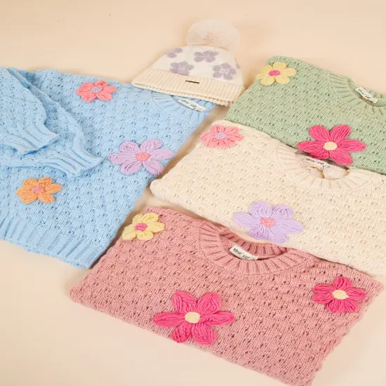 Hand Made Flower Applique Oversized Knit Sweater Top BLUSH {6}