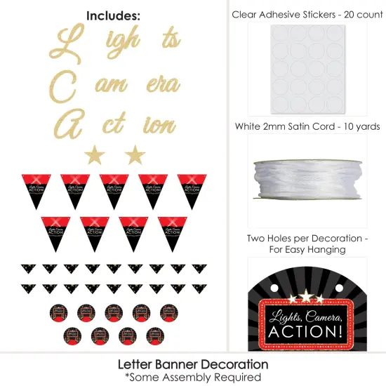 Big Dot of Happiness Red Carpet - Movie Party Letter Banner Decor 36 Cutouts & No-Mess Real Gold Glitter Lights Camera Action Banner Letters {6}