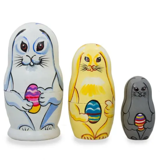 Set of 3 Bunnies with Easter Eggs Wooden Nesting Dolls 4.25 Inches {1}