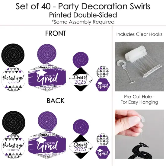 Big Dot of Happiness Purple Graduation Class of 2025 Decorations Hanging Swirls - Set of 40 {7}