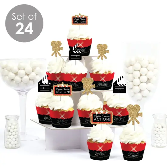 Big Dot of Happiness Red Carpet - Cupcake Decoration - Movie Night Party Cupcake Wrappers and Treat Picks Kit - Set of 24 {3}