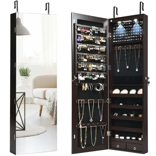 Wall and Door Mounted Mirrored Jewelry Cabinet with Lights Brown {8}