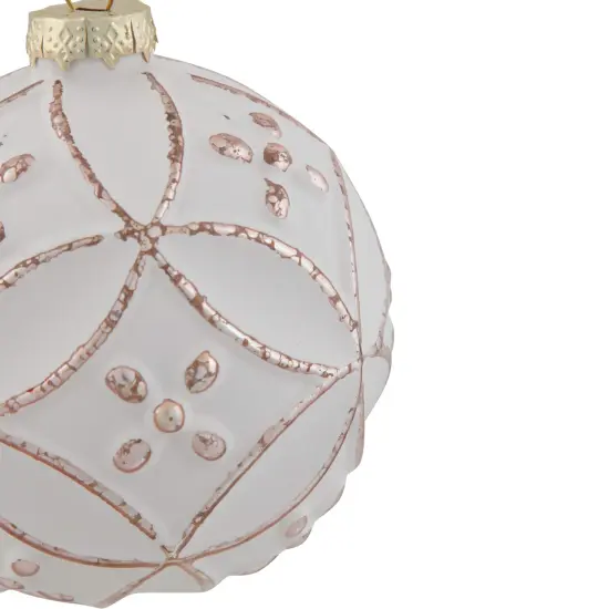 Northlight Embossed Floral Matte Glass Christmas Ball Ornament - 3.75" (95mm) - White and Rose Gold {7}