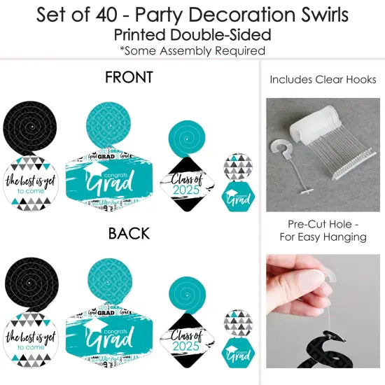 Big Dot of Happiness Teal Graduation Class of 2025 Decorations Hanging Swirls - Set of 40 {7}
