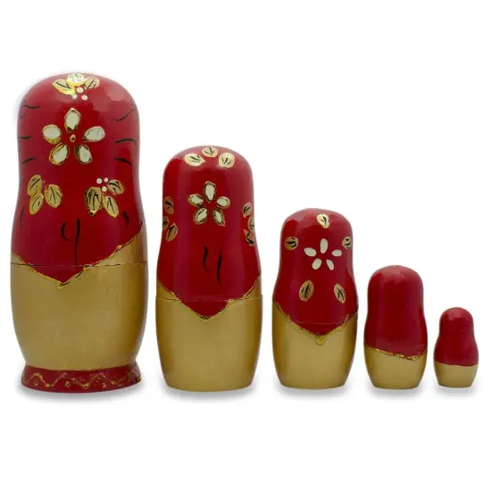Set of 5 White Flowers on Red Nesting Dolls 6.5 Inches {3}