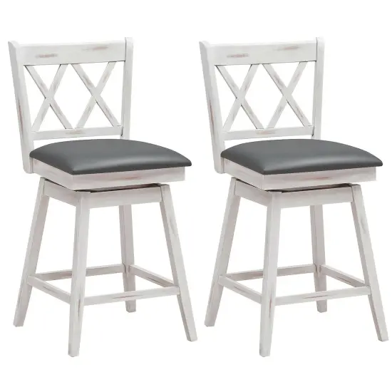 2 Pieces 25 Inch Swivel Counter Height Barstool Set with Rubber Wood Legs White {7}