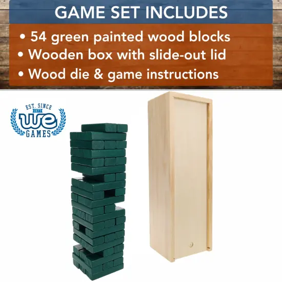 WE Games Wood Block Stacking Party Game That Tumbles Down when you play - Includes 12 in. Wooden Box and die {4}