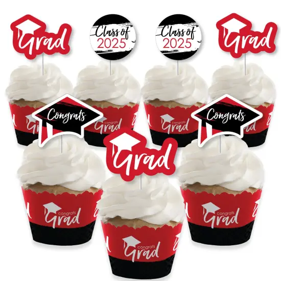 Big Dot of Happiness 2025 Red Graduation Cupcake Decoration - Party Cupcake Wrappers and Treat Picks Kit - Set of 24 {1}