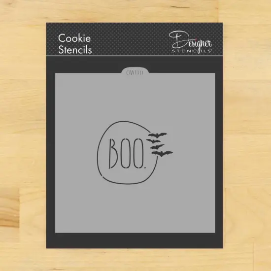 Boo with Bats Cookie & Craft Stencil | CM110 by Designer Stencils | Cookie Decorating Tools | Baking Stencils for Royal Icing, Airbrush, Dusting Powder | Craft Stencils for Canvas, Paper, Wood | Reusable Food Grade Stencil {1}