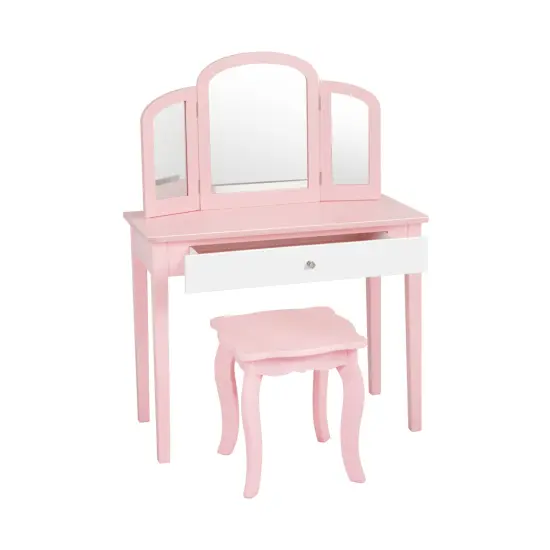 Kids Princess Make Up Dressing Table with Tri-folding Mirror and Chair Pink {7}