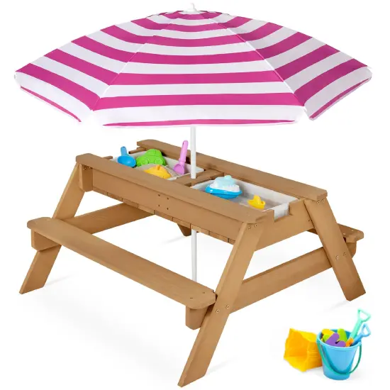 Best Choice Products Kids 3-in-1 Outdoor Convertible Activity Sand & Water Picnic Table w/ Umbrella Walnut/Beige {7}