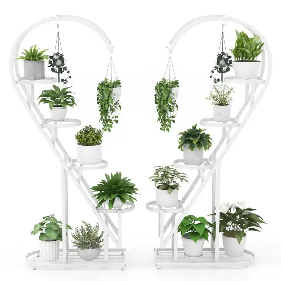 Costway 5 Tier Metal Plant Stand Heart-shaped Shelf with Hanging Hook for Multiple Plants Black/White/Pink & Blue {8}