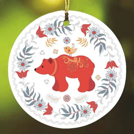Scandinavian Folk Bear Ornament, Ethnic Floral Elegant Nature Design {1}