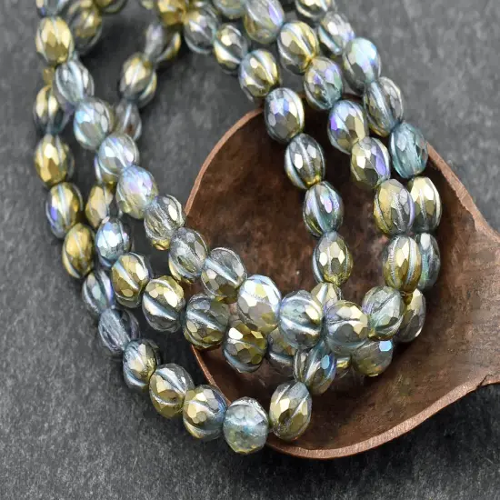 *25* 6mm Turquoise Washed Gold Lustered Crystal Faceted Round Melon Beads {3}