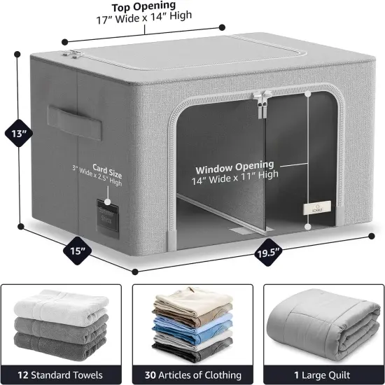 Sorbus Large Storage Bin with Divided Interior - Stackable & Foldable Organizer Containers with Metal Frame, Window, & Handles 1 Pack Gray {4}