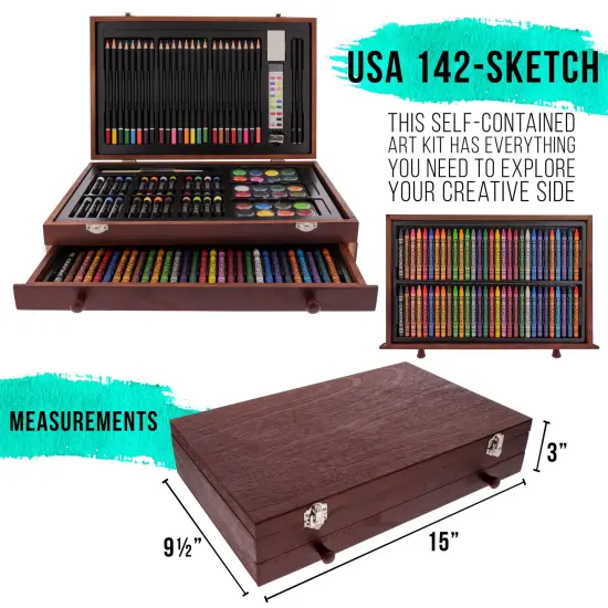 U.S. Art Supply 162-Piece Deluxe Mega Wood Box Art Painting & Drawing Set - Artist Painting Pad, 2 Sketch Pads, Watercolors, Colored Pencils, Crayons {3}