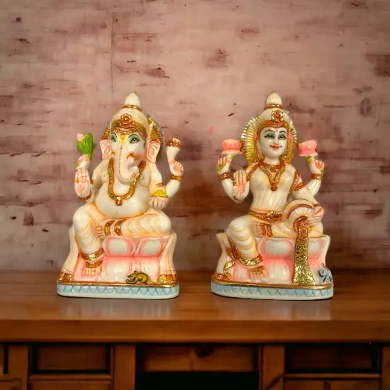 Laxmi and Ganesha Idol Pair Culture Marble Statue Laxmi Ganpati Figurine God of Luck and Success Idol Showpiece for Home Decoration and Car Dashboard Diwali Decoration {2}