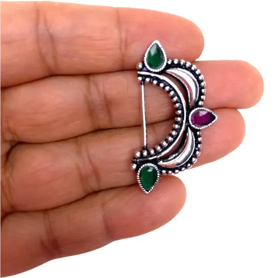Indian Marathi Nath for Women Marathi Style Bow Oxidized Nose Ring Indian Jewelry Clip-On Bollywood Style Faux Pearl Non-Piercing Jewelry for Women Gift For Her - Marathi Bridal Nathani Rubygreen {3}