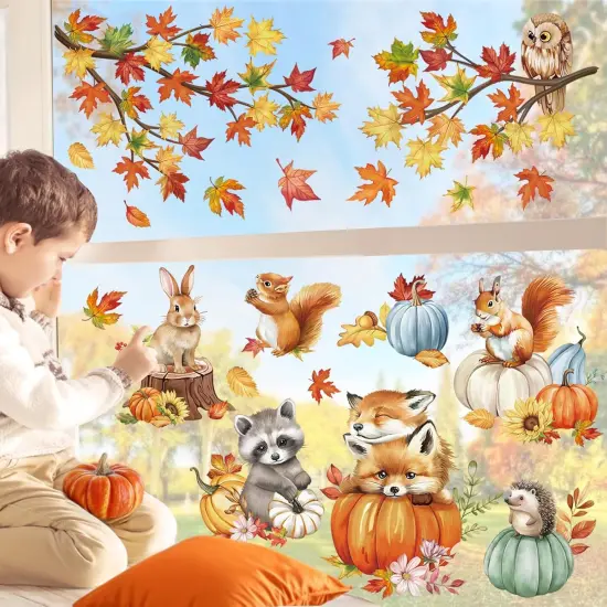 Fall Woodland Animals Window Clings Autumn Pumpkin Fox Squirrel Owl {3}