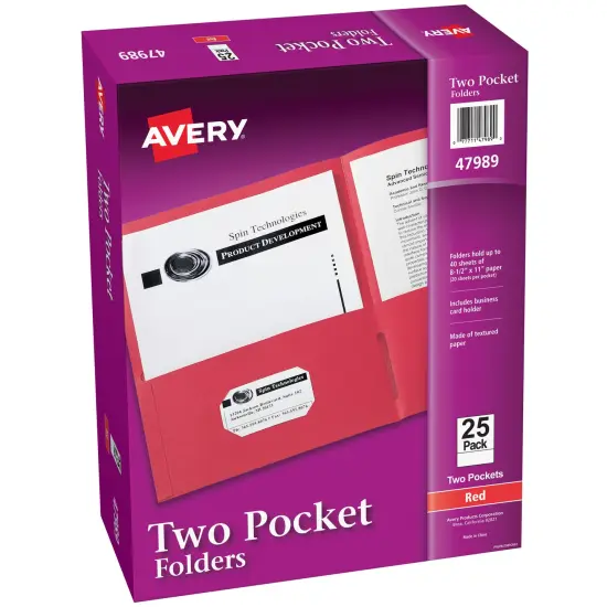 Avery Two Pocket Folders, Holds up to 40 Sheets, 25 Red Folders (47989) {1}