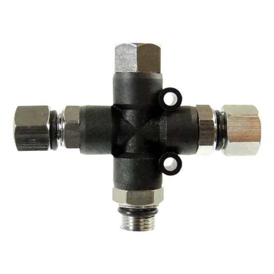 3-Way Air Hose Splitter Manifold with Pugs - 1/8" BSP Fittings; 3 Male Air Outlets and 1 Female Air Inlet {1}