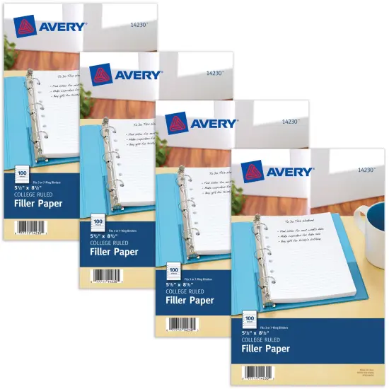 Avery Mini Binder Filler Paper, College Ruled, 5-1/2" x 8-1/2", 100 Sheets Per Pack, 4 Packs (14230) {1}