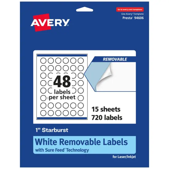 Avery Matte White Removable Starburst Labels with Sure Feed Technology, Print-to-the-Edge, 1" {1}