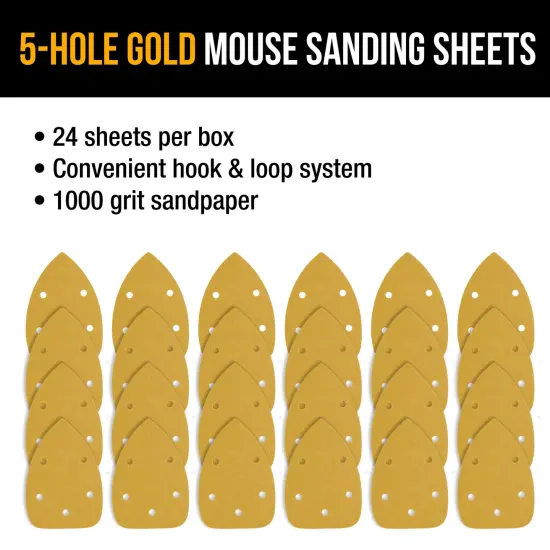 1000 Grit - 5-Hole Pattern Hook & Loop Sanding Sheets for Mouse Sanders - Box of 24 {4}