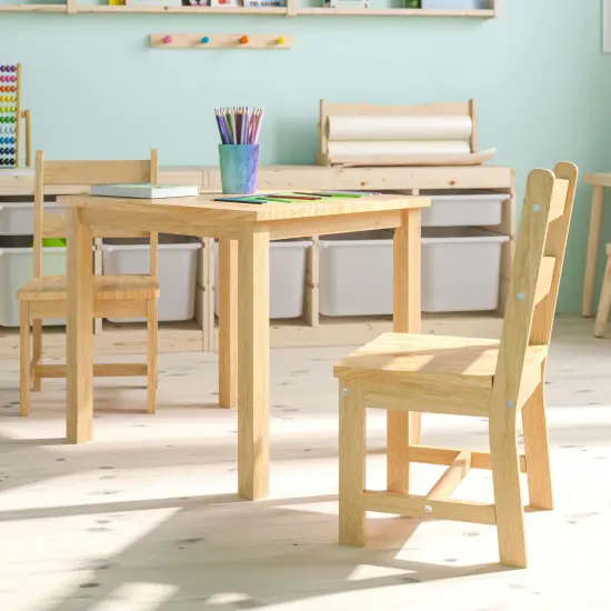 Emma and Oliver Kids 3 Piece Solid Hardwood Table and Chair Set for Playroom, Kitchen Natural {6}