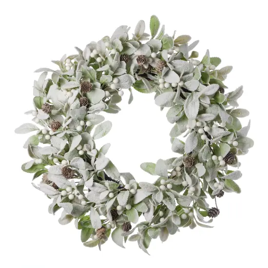 Christmas Snowy Lambs Ear and Holly Berry 24in Wreath-White {1}