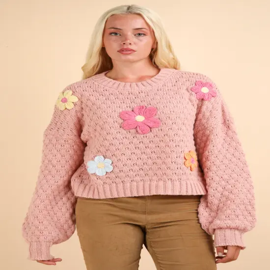 Hand Made Flower Applique Oversized Knit Sweater Top BLUSH {1}