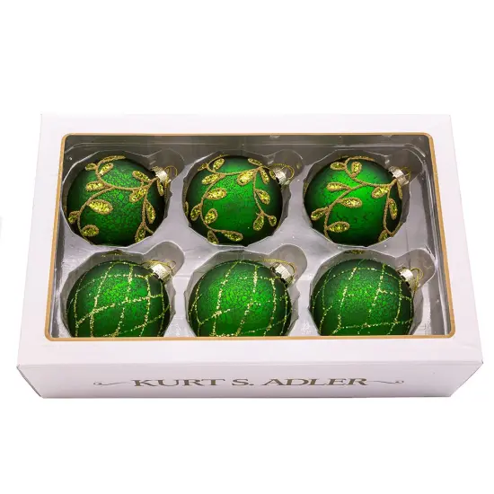 Kurt Adler 80MM Gold and Emerald Green Embellish Ball Ornaments, 6 Piece Set {1}