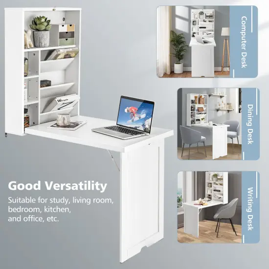 Wall Mounted Fold-Out Convertible Floating Desk Space Saver White {4}
