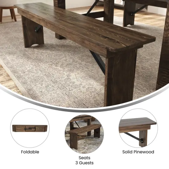 Merrick Lane Tinsley 60" x 12" Solid Pine Folding Farmhouse Style Bench, Rustic Pinewood Folding Dining Bench with Locking Legs Antique Rustic {5}