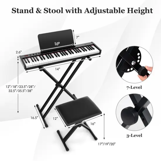 61-Key Electronic Keyboard Piano with Bluetooth, Adjustable Stool and Stand {3}